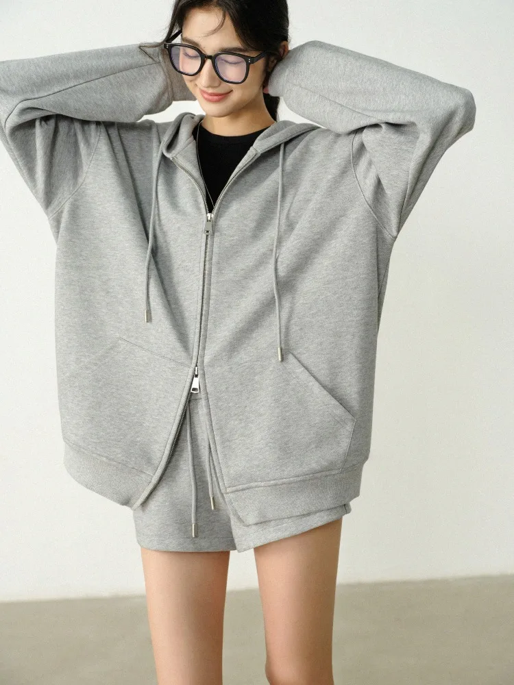 Lässige, lockere, stilvolle Kapuzenjacke mit Reißverschluss, Damen-Sweatshirt, Strickjacke, Kapuze, Herbst, faule Streetwear, Oberbekleidung, trendig, gemütlich, vielseitig