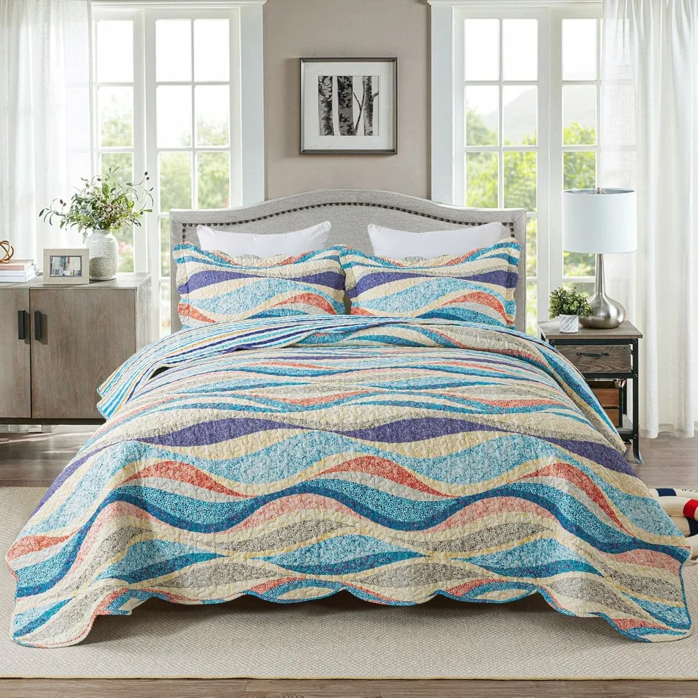 

HoneiLife Coastal Quilt Sets Queen - 3 Pieces Beach Quilt Sets Ocean Bedspreads Lightweight Coverlets Nautical Bed Cover All Sea