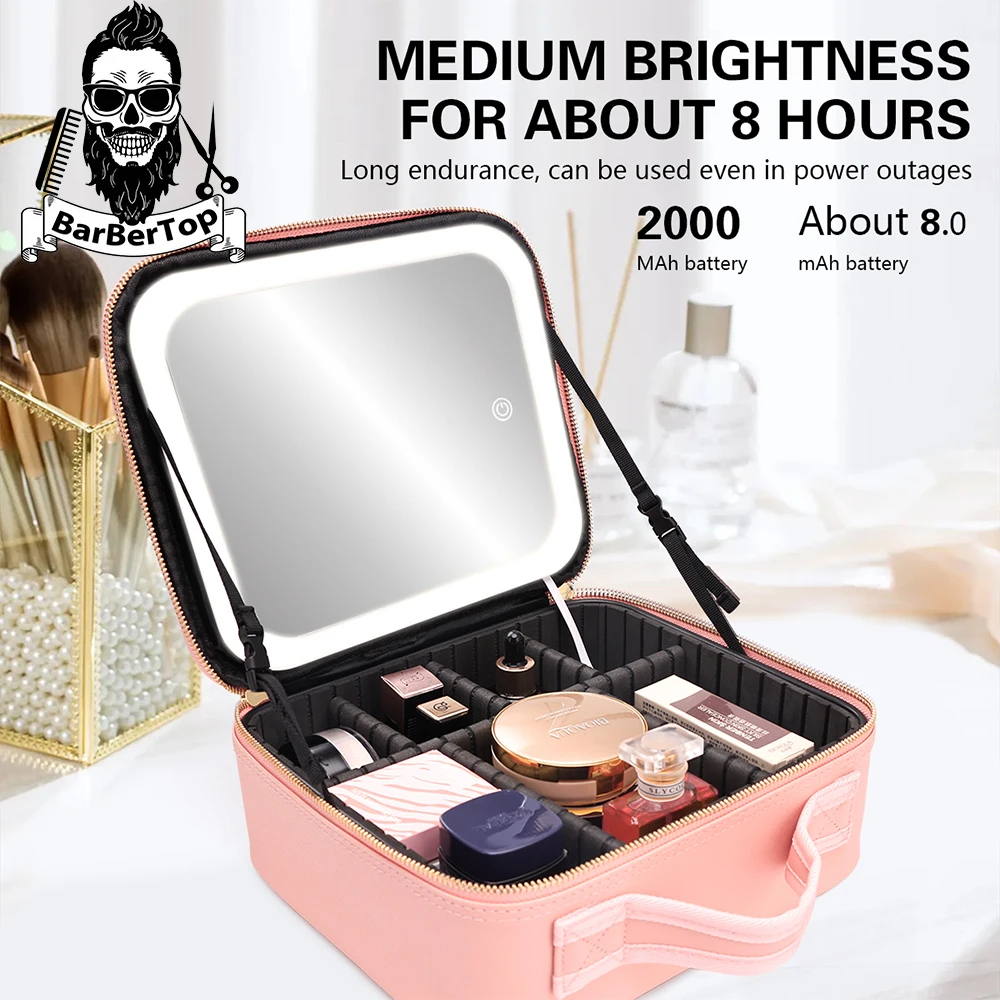 LED Lighted Cosmetic bag With Mirror Professional Makeup Case For Women Large Capacity Female Waterproof PU Travel Makeup Bags