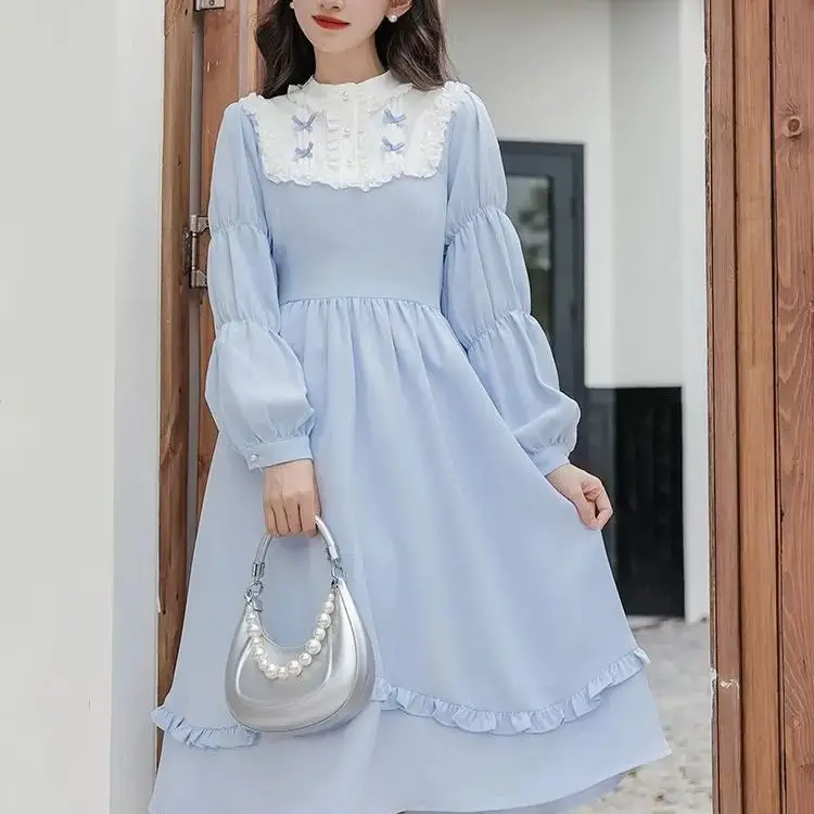 Dress With High Sense Bow Lantern Sleeve Sweet Blue Princess Lolita Dress Female Retro Victorian Style Cute Loose Casual Dress