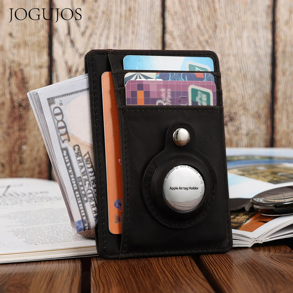 

JOGUJOS New Mini Wallet RFID Genuine Leather with AirTag Tracker Card Holder Crazy Horse Leather Retro Card Holder Men's Bag