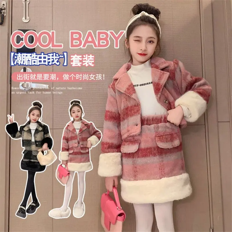 

Single Breasted Coat+Shortskirt 2PCS Kids Winter Princess Clothes Set Toddler Girl Autumn Clothing Children Stripe Elegant Suit