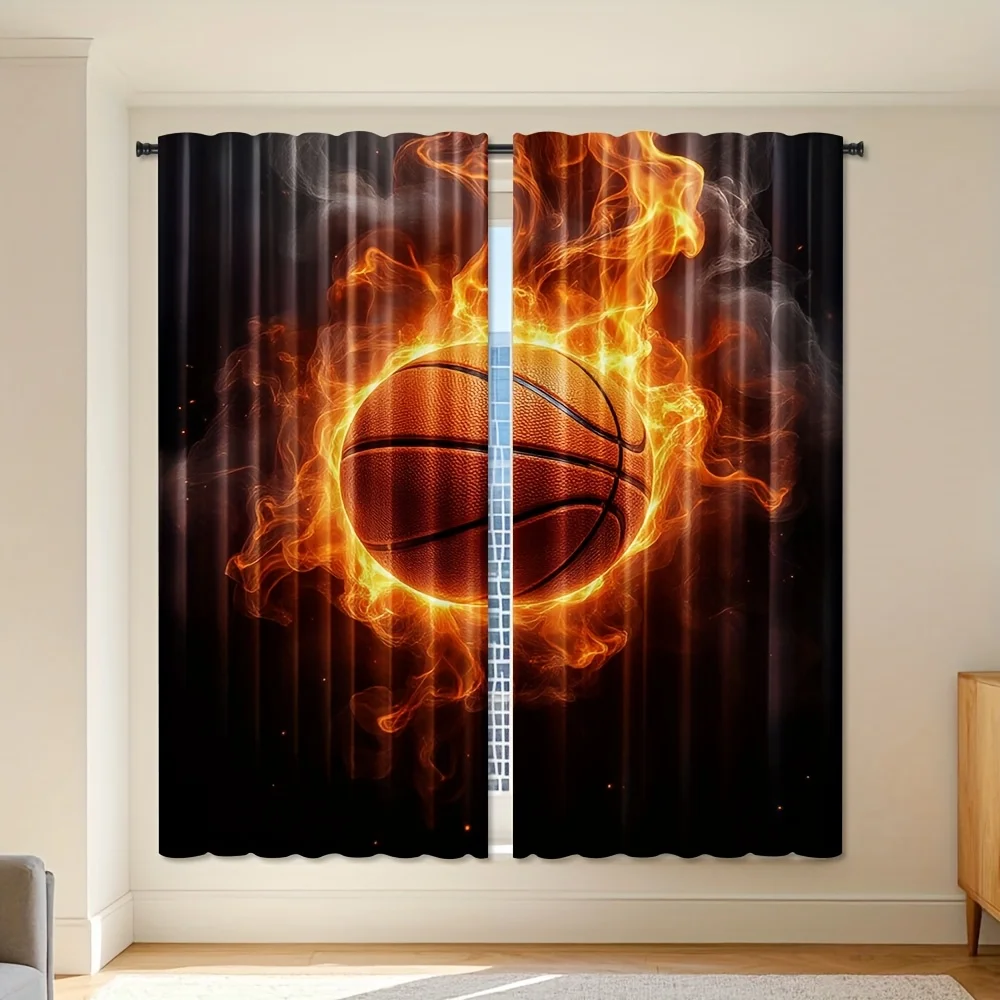 Burning Basketball Curtains, Cool Sports Print Blackout Drapes for Boys Room,  Effect Gym Home Decor
