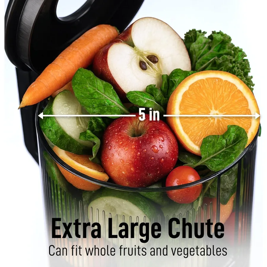 5つの幅広投入口と50 RPMの低速咀嚼技術を備えたコールドプレスジューサーで、酸化を抑え、特許取得されたデザインにより高いジュース量を確保します。