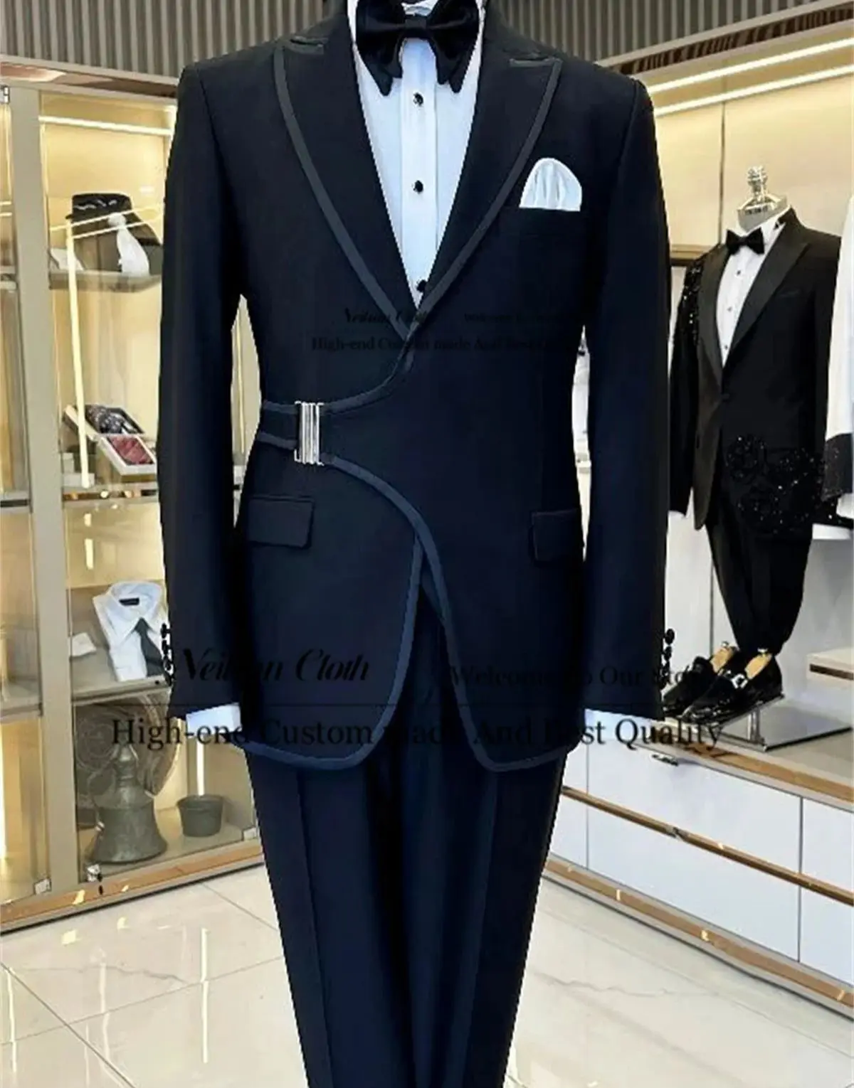 

Formal Navy Blue Male Prom Blazers 2 Pcs Sets Slim Fit Groom Wedding Tuxedos Peaked Lapel Customized Business Terno Masculino