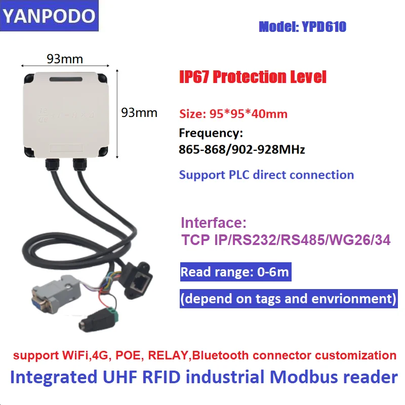 Yanpodo UHF Modbus RFID Integrated Reader 6m Modbus/PROFINET Protocol PLC Connect 860-96MHz for Mould and tool management