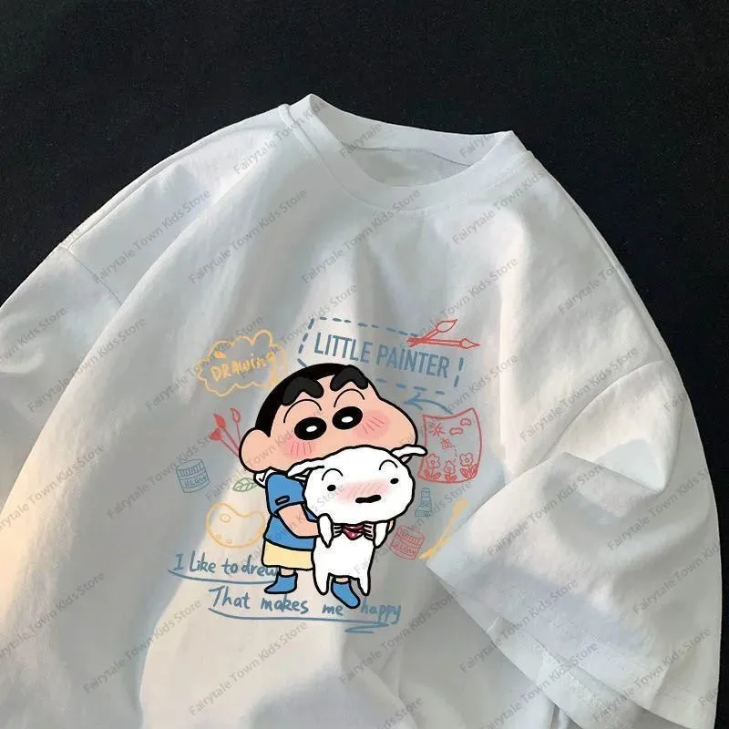 MINISO Kawaii Cute Crayon Shin-Chan Girls Boys Short Sleeve T-Shirt Printing Loose Oversized Cotton Tshirt Summer Kids/Adult Top