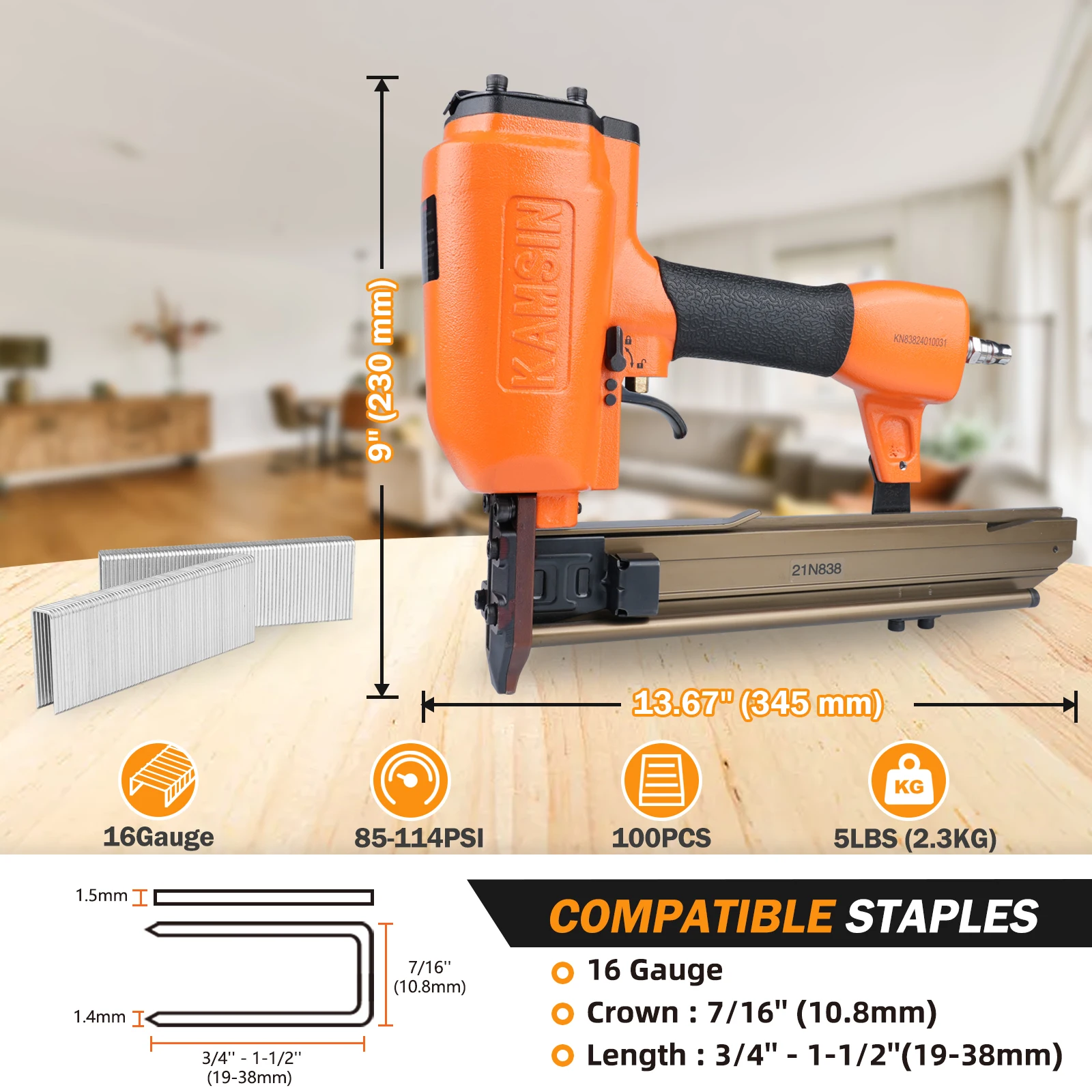 

KAMSIN N838 16 Gauge Construction stapler,Industrial Pneumatic Heavy Wire Staple for Car Seats,Furniture Making Cabinets