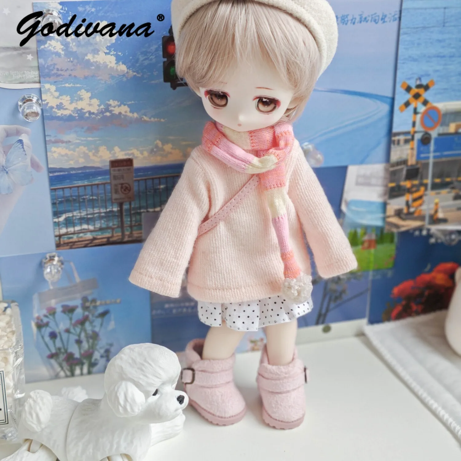 1/6 BJD Doll Clothes Daily Four-piece Set for Regular 6 Small 6 High 6 Sweet Cute Knit Top and Polka Dotted Skirt with Scarf Hat
