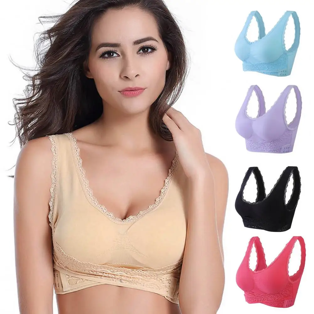 

Women Sports Bra Solid Color Side Buckle Gathering Adjustment Elastic Hem Yoga Bra Support Breast Wire Free U Back Brassiere