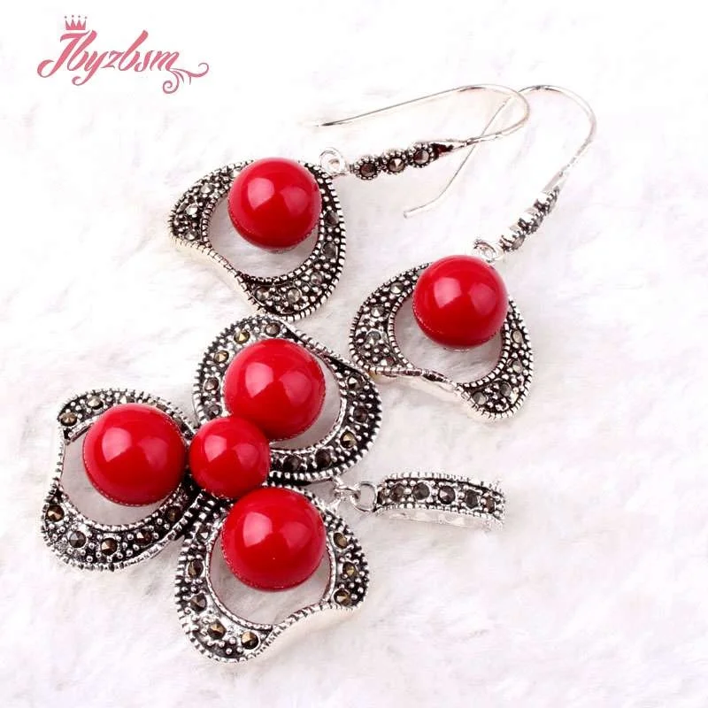 8.10mm Round Manmade Red Coral Marcasite Tibetan Silver Anniversary Classical Party Pendant 35x45mm Earring 19x25mm Jewelry  Set