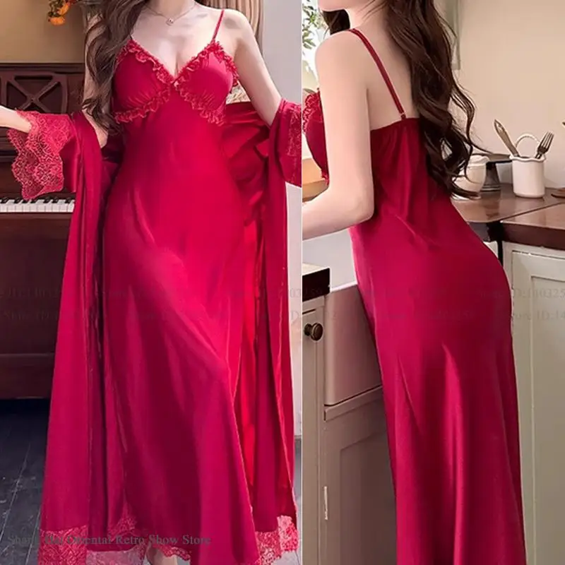 

Шелковистый атласный женский длинный халат, ночная рубашка, комплект одежды для сна из 2 предметов, сексуальная кружевная ночная рубашка, нижнее белье, домашнее платье, элегантная ночная одежда, домашняя одежда