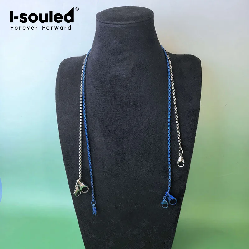 4.0mm natural blue anodized box chain with B19 lobster buckle and universal pendant at both ends