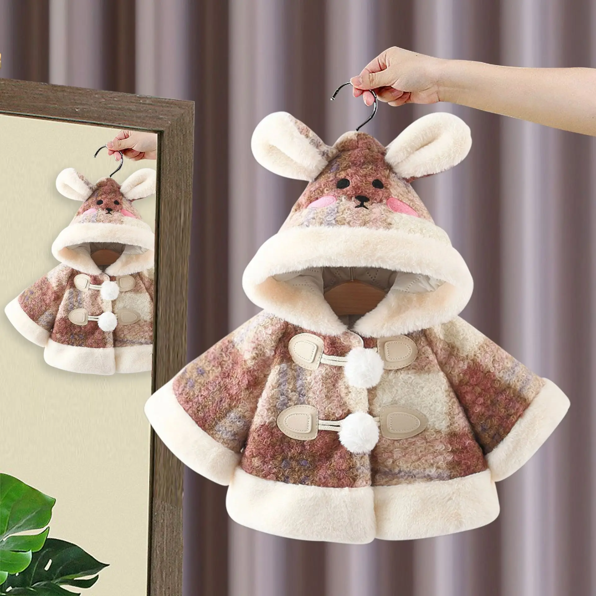 Winter New Baby Girl Clothes Cute Cartoon Rabbit Children's Cape Thicken Warm Infant Outerwear Fashion Grid Woolen Coat 아기옷