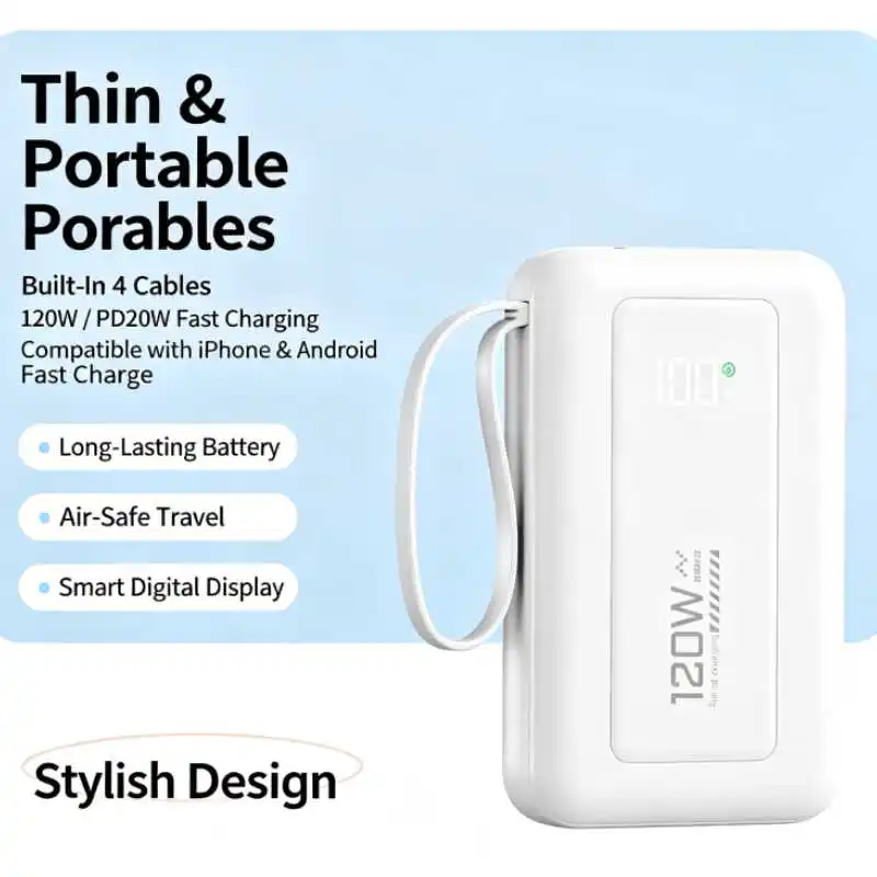 Power Bank 10000mAh Built in 4 Cables 20W Fast Charging Portable Charger External Battery Pack for IPhone18 Pro/iPhone18 Pro Max Samsung White