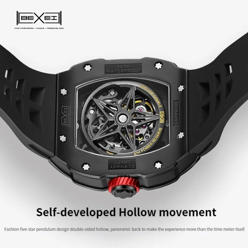 BEXEI 2025 Механические часы для мужчин 316L Автоматические скелетонные синтетические сапфировые водонепроницаемые роскошные деловые наручные часы