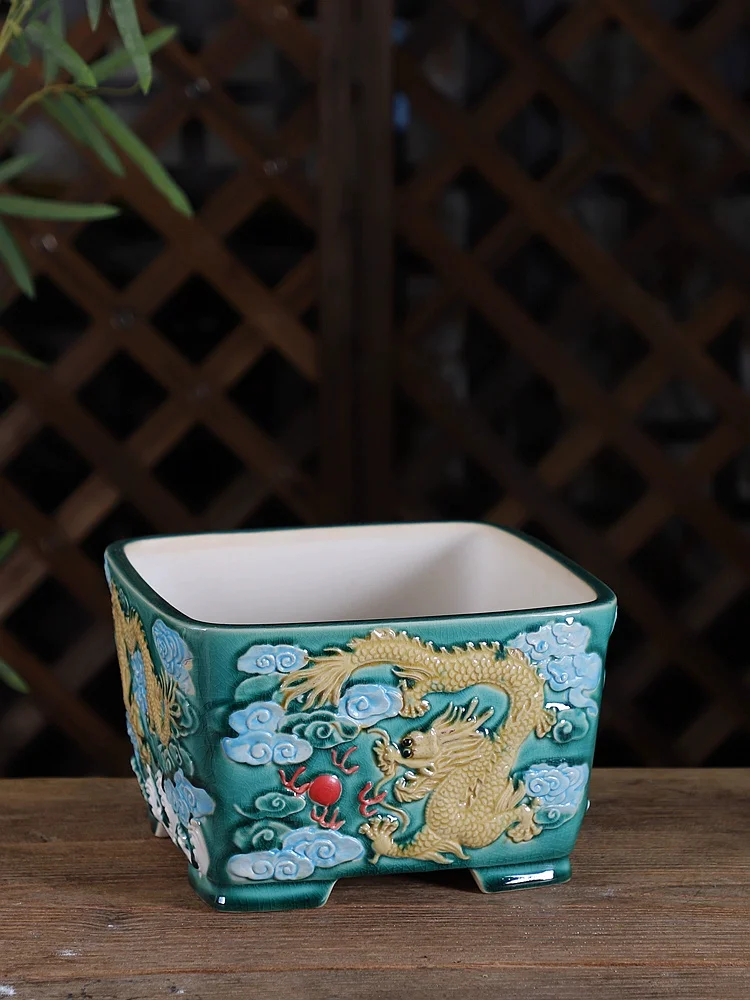 Ceramic Colorful Glazed Chinese Dragon Bonsai Pot,Vase Flower Dormitory,Cubicles Desk Room Table ,Garden Table Home Decoration