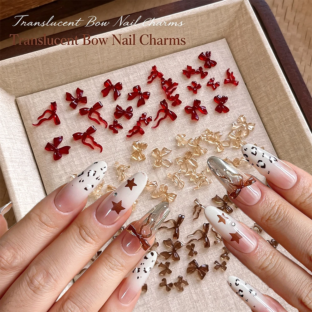 50Pcs Mixed Translucent Amber Mini Bow Nail Charms, Jelly Bow Ornaments, Burgundy Red Coffee Brown 3D Resin Bow Decor Nail Art
