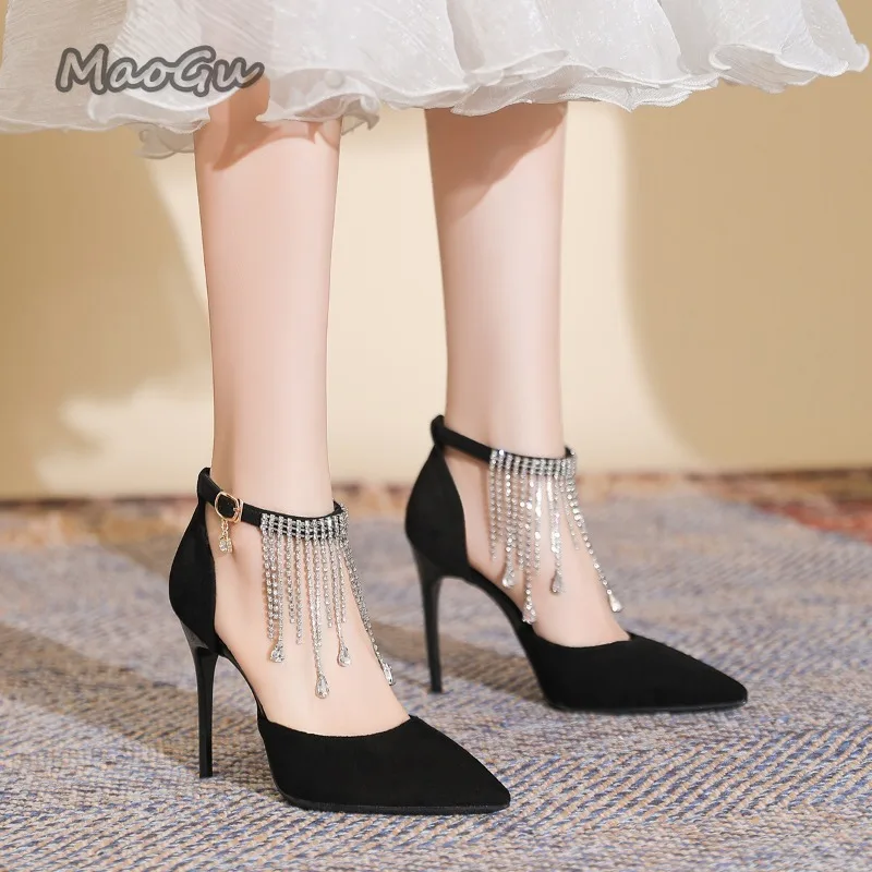 

Women's Black Suede Pointed Toe Stiletto Pumps Crystal Tassel Ankle Strap High Heels Rhinestone Fringe Decor Dress Shoes Elegant