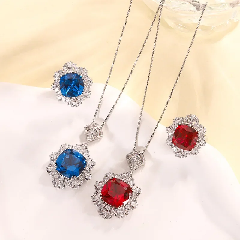 New High-end Jewelry Luxury Inlaid Red Corundum Fat Blue Spinel Fashion Pendant Set 14*14-12*12