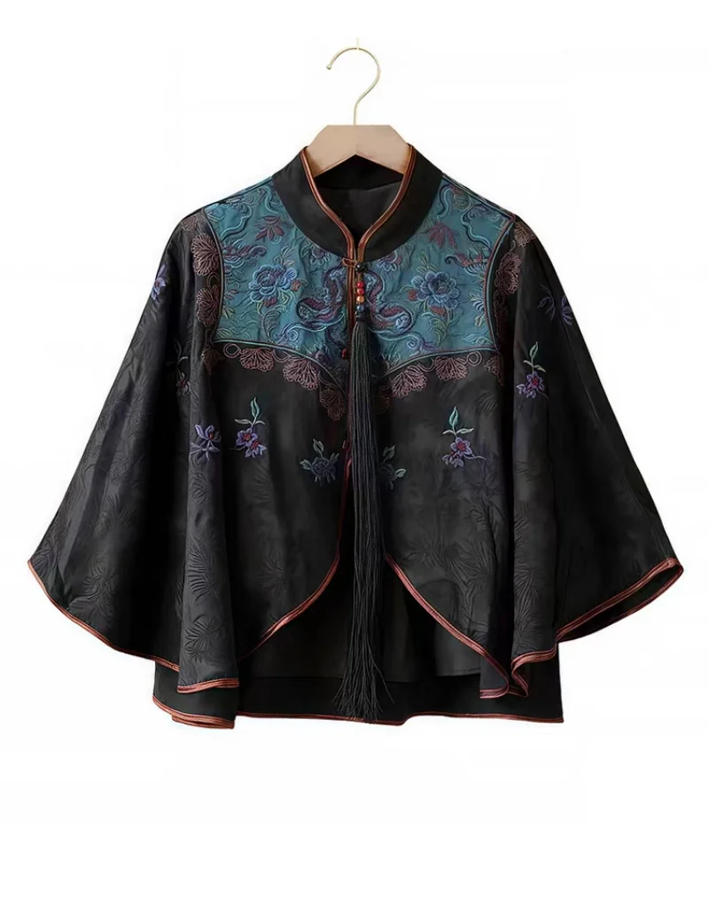 

Original embroidered tops national style natural silk stand-up collar Cardigan Black jacquard long tassels high quality shawl