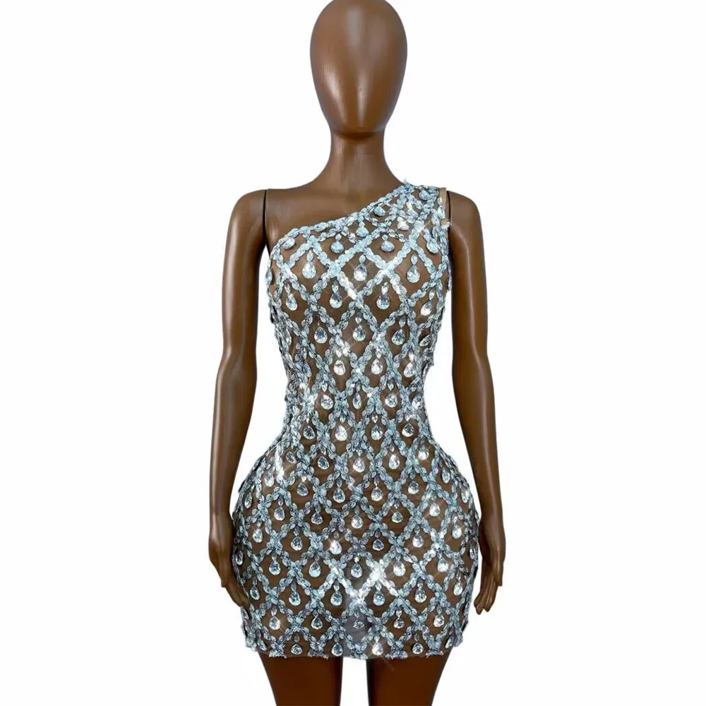 

Luxury Sparkly Silver Sequins Rhinestones Sexy Nude Mesh One shoulder Dress Women Evening Party Gown Photo Shoot Stage Wear