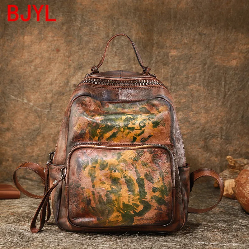 Vintage leather Backpack Women\'s Original Handmade Leather female Large Capacity Casual Travel Backpacks women 2020 new