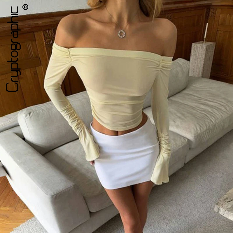 

Cryptographic Fashion Solid Flare Sleeve Off Shoulder Tops Elegant Outfits for Women Sexy Top Cropped Slim Streetwear Clothes