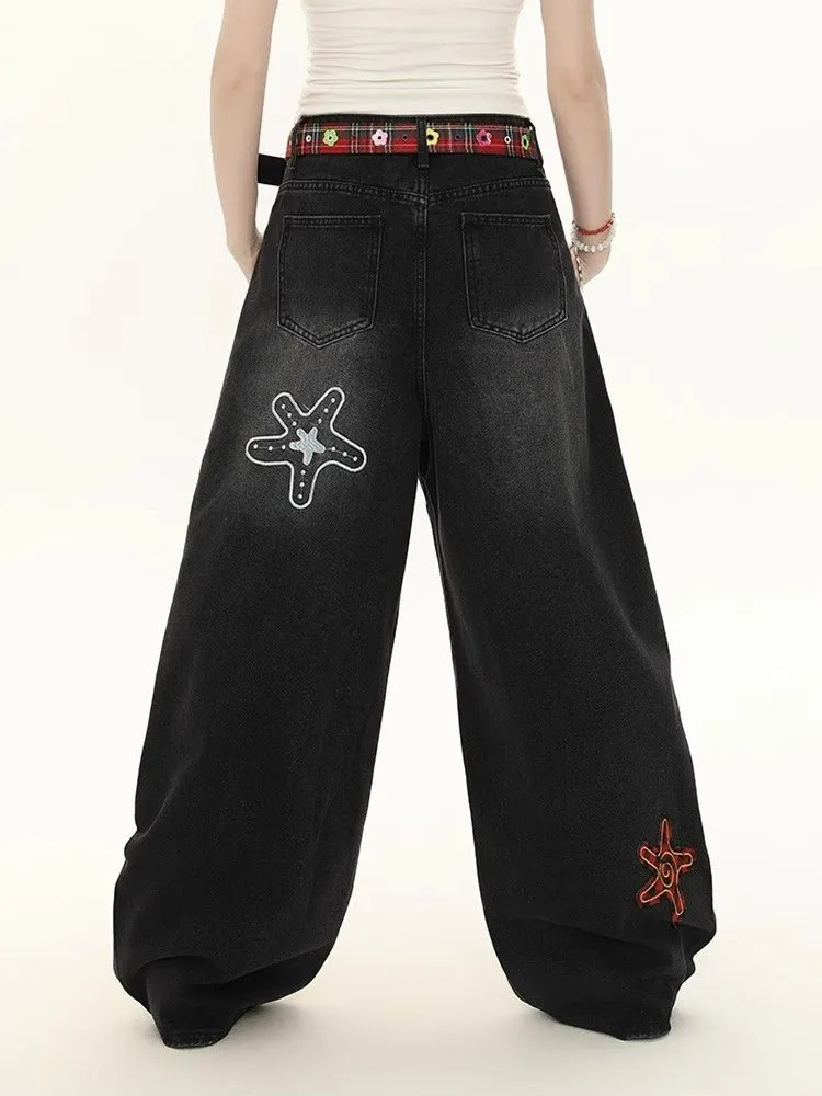 2025 American Retro Y2K Star Embroidery Black Baggy Women' s Jeans Pants For Woman Clothing Wide Leg Gothic Loose Denim Trousers