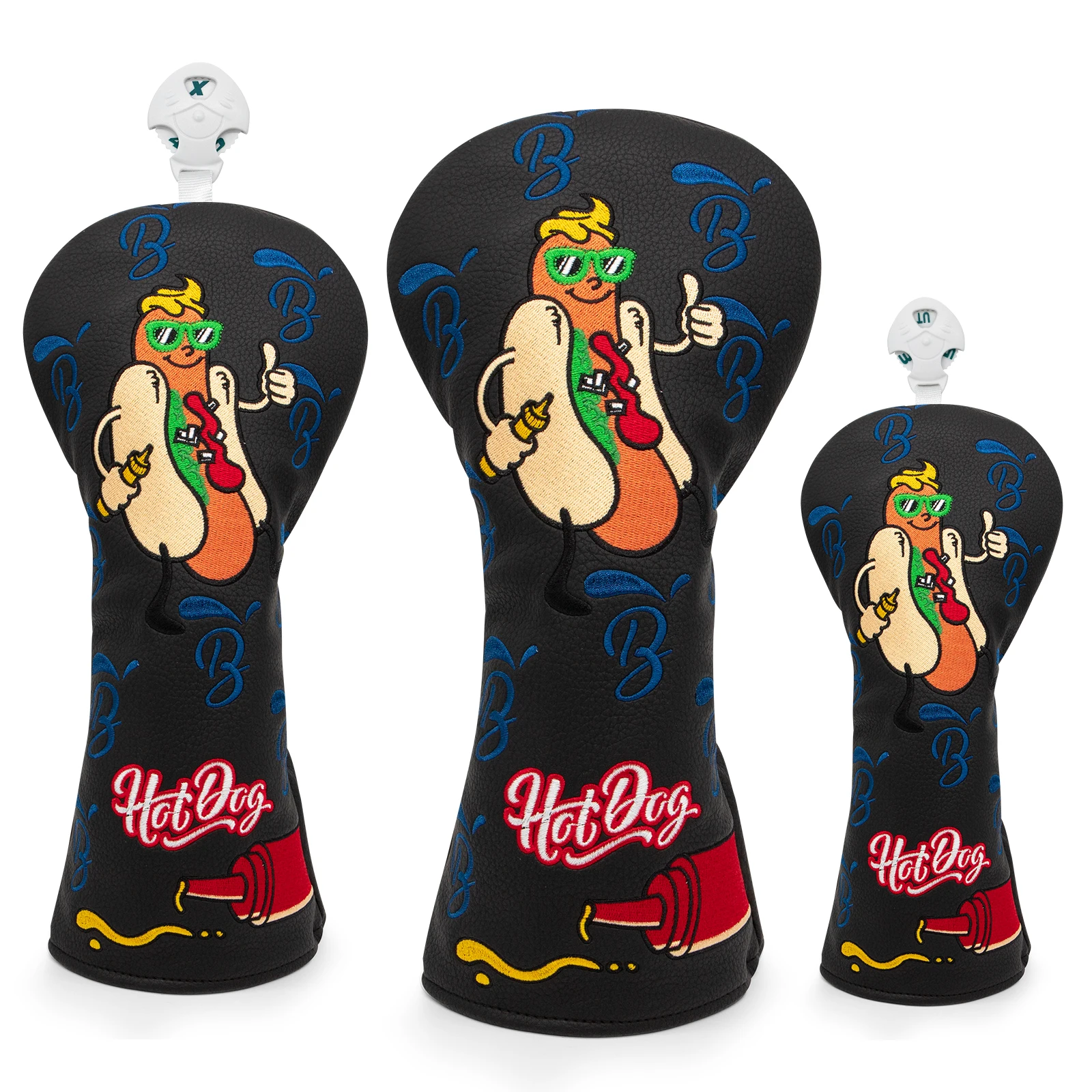 Hot Dog Design Black Leather High Quality Golf Club Head Covers set Golf Fariway Wood Covers Hybrid Head Covers  3 5 U Wood Head