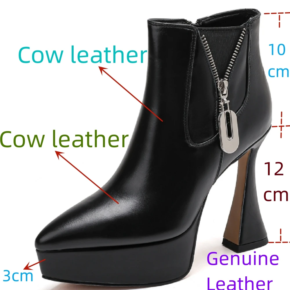 【EUNUCE YUN】Women Genuine Leather Pointed Toe Platform Thick High Heels Zipper Short Boot Ladies Fashion Shoes Winter 33-40