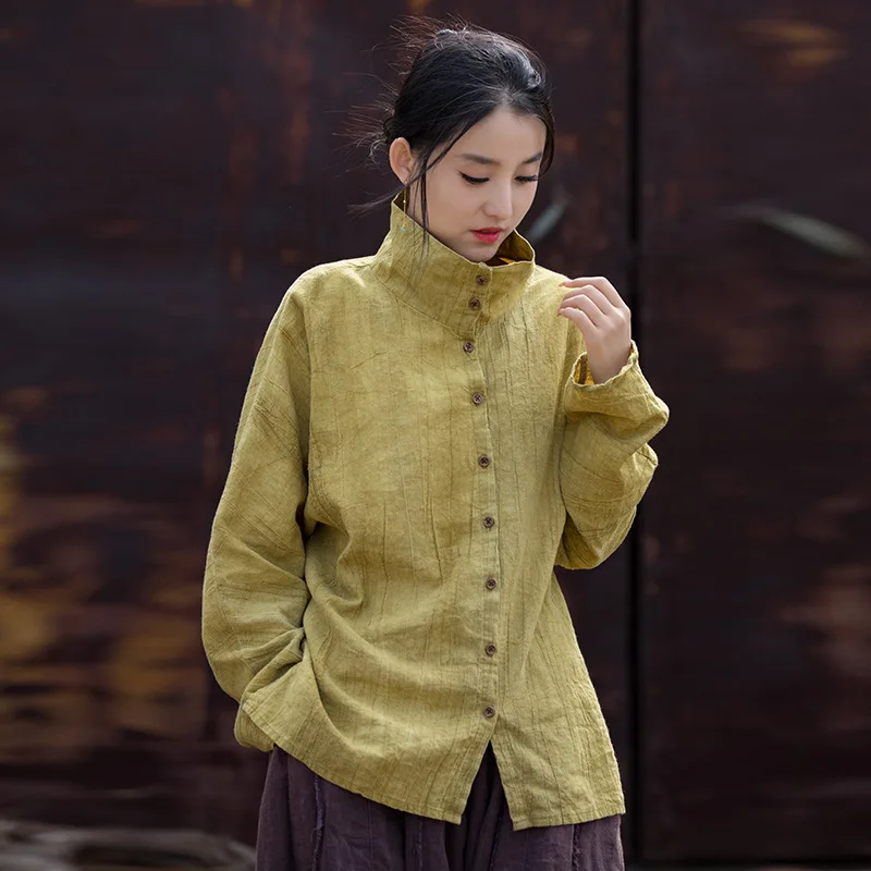 

Winter Ramie Cotton Shirt: Tie-dye Loose-fit Semi-high Neck Original Chinese Style Cardigan