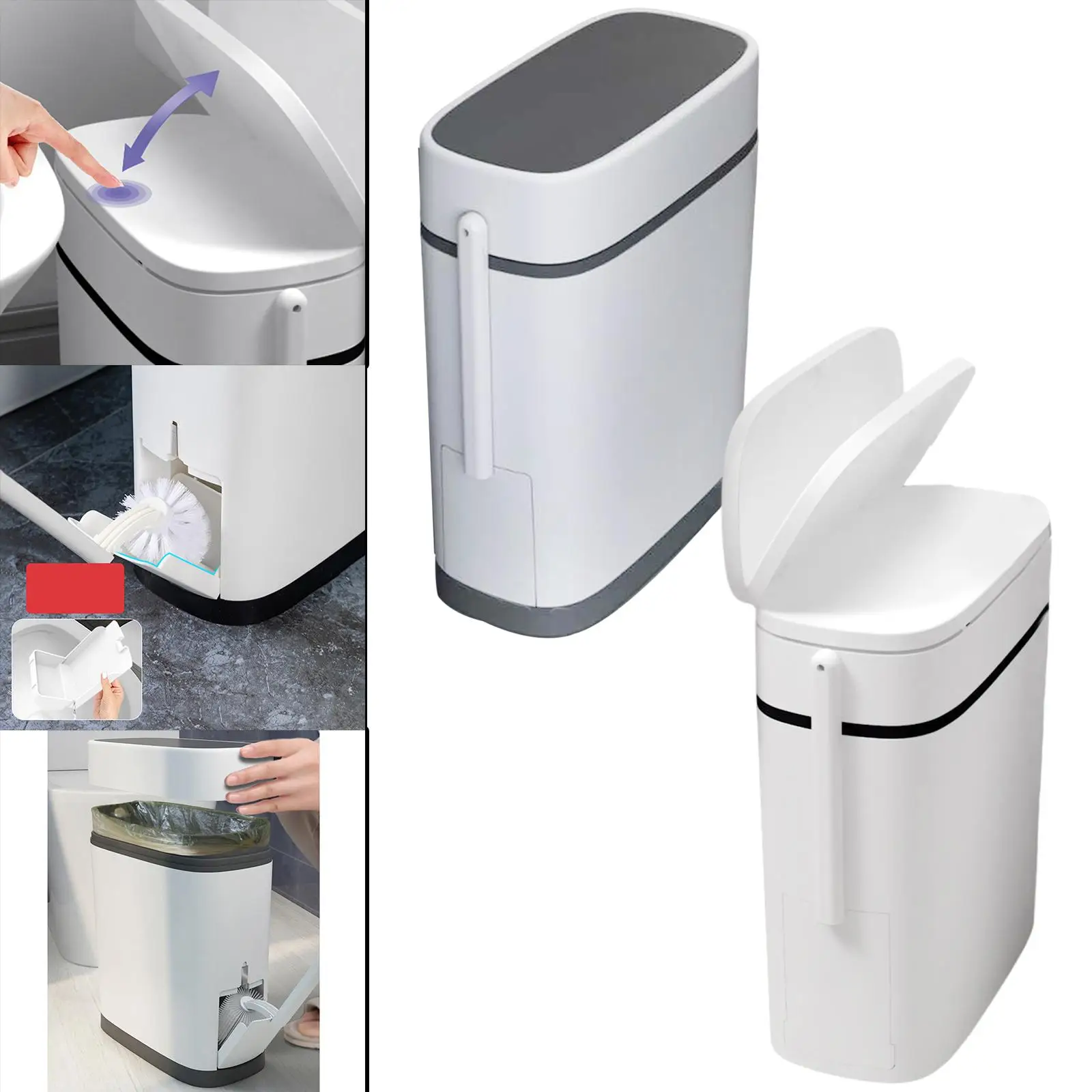 Slim Trash Can with Toilet Brush Wastebasket Garbage Container for Living Room RV Bathroom Office