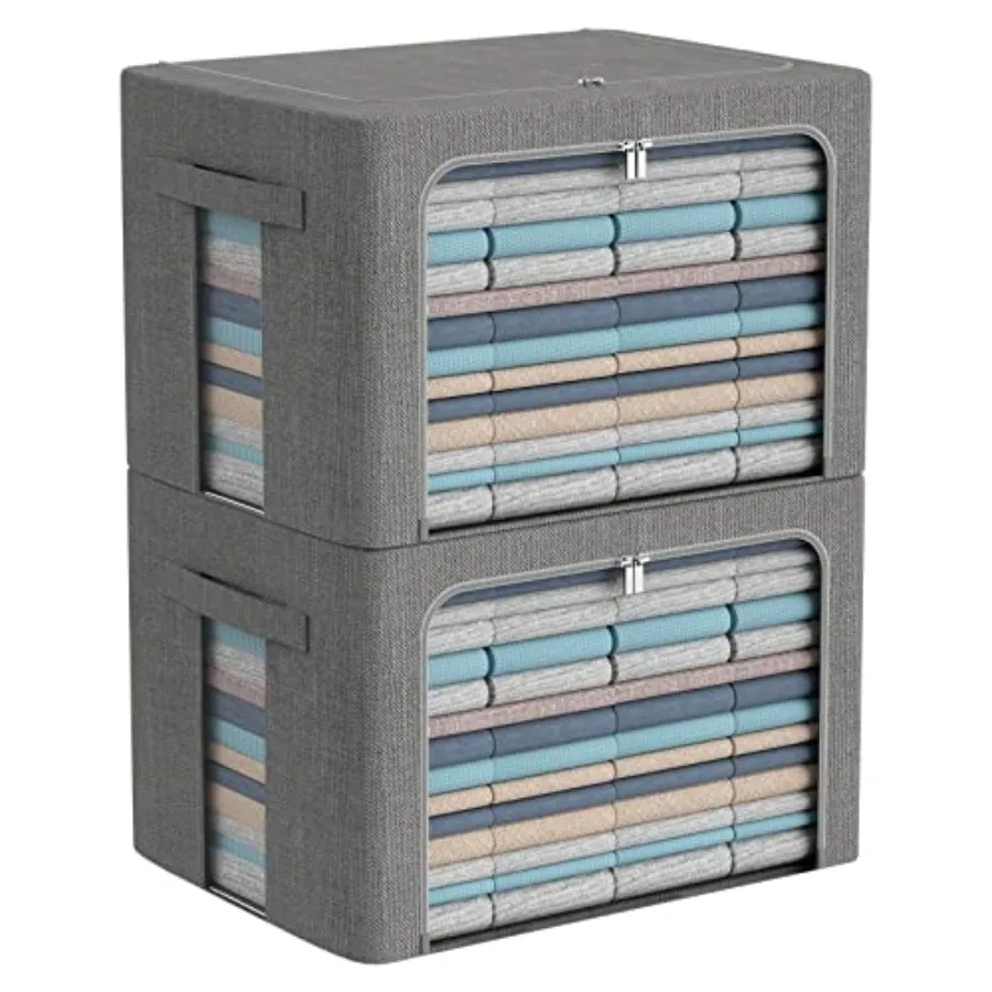 

Large Clothes Storage Bins - Linen Fabric Foldable Stackable Container Organizer Set with Clear Window and Carry Handles and Me