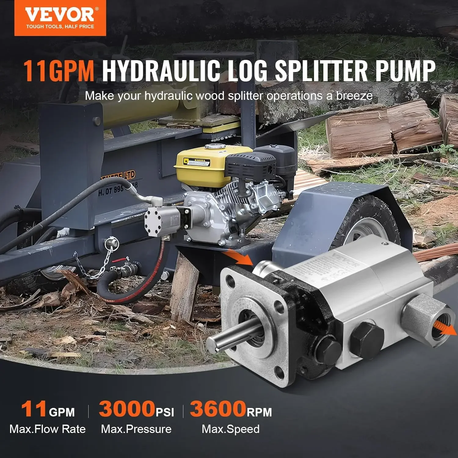 Hydraulic Log Splitter Pump, 11GPM, 2 Stage 3000PSI, 1'' Inlet 1/2'' NPT Outlet 3600 RPM Aluminum Hydraulic Gear Pump