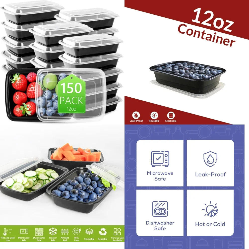 

150 комплектов небольших контейнеров для пищевых продуктов с 1 отделением и крышками, 12 унций, контейнеры для приготовления еды, не содержащие BPA, безопасное для микроволновой печи, герметичное хранение