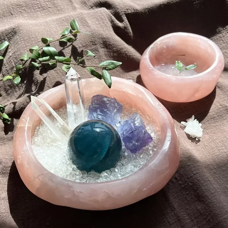 Natural Rose Quartz Stone Bowl Pendant Hand Carved Crystal Healing Jewelry Feng Shui Meditation Amulet Decor Gift for Women
