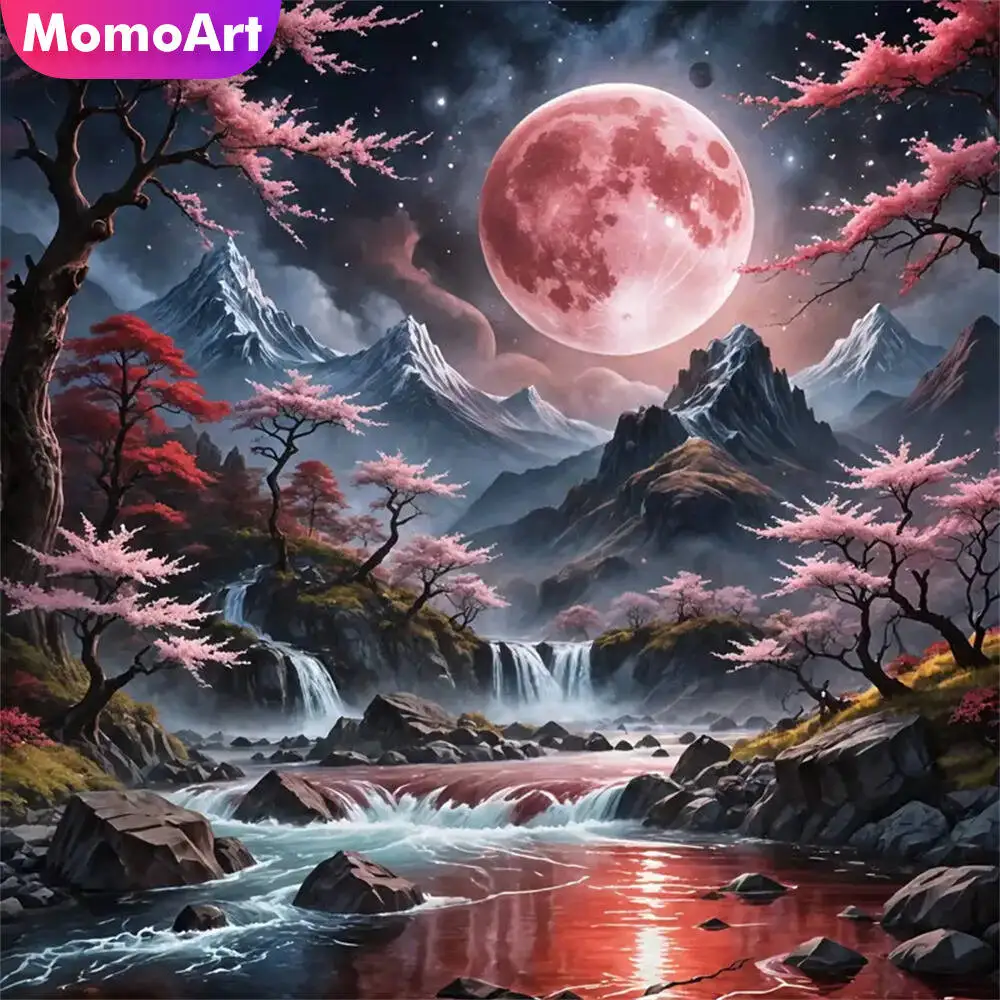 Momoart Full Square Round Diamond Embroidery Mountain DIY Painting River Landscape New Arrival Diamond Mosaic Moon Child Gift