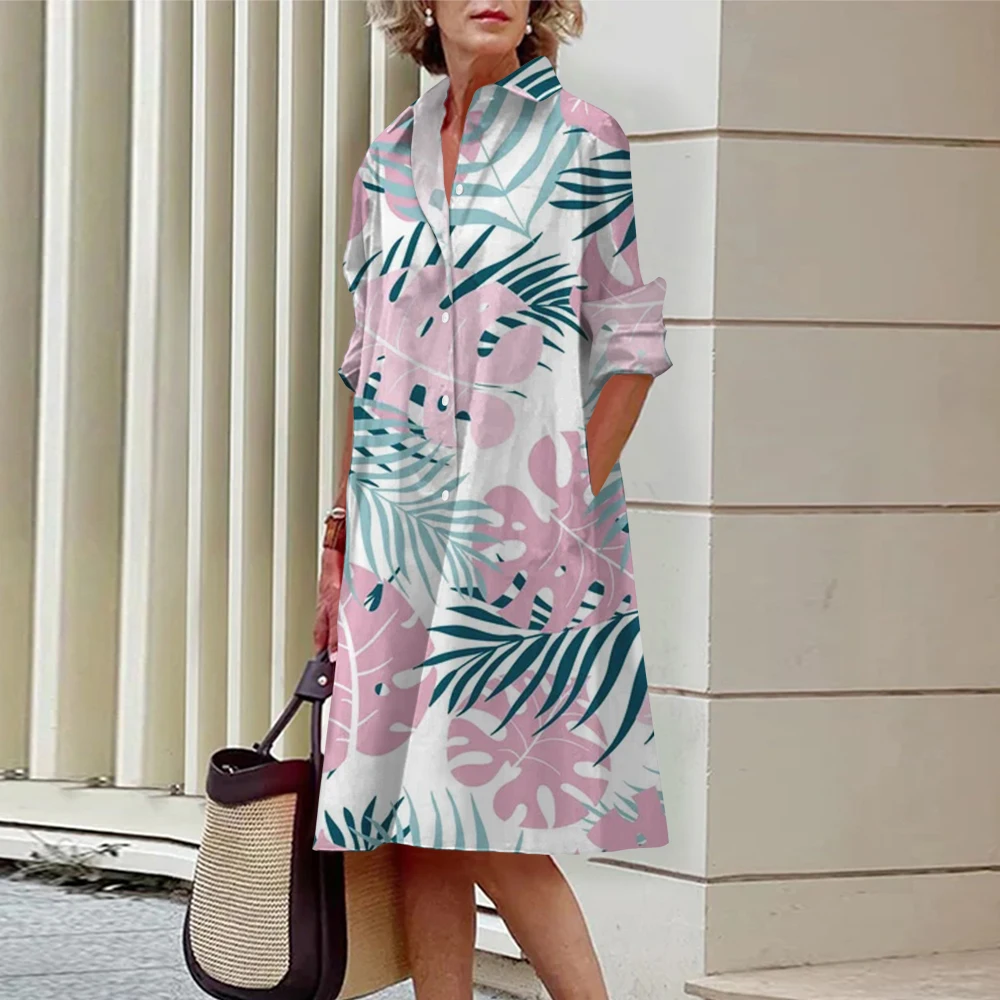 Langarmhemd Kleid Hawaii-Stil drucken elegante Atmosphäre Frauen knielanges Kleid atmungsaktiv bequem Frühling und Sommer