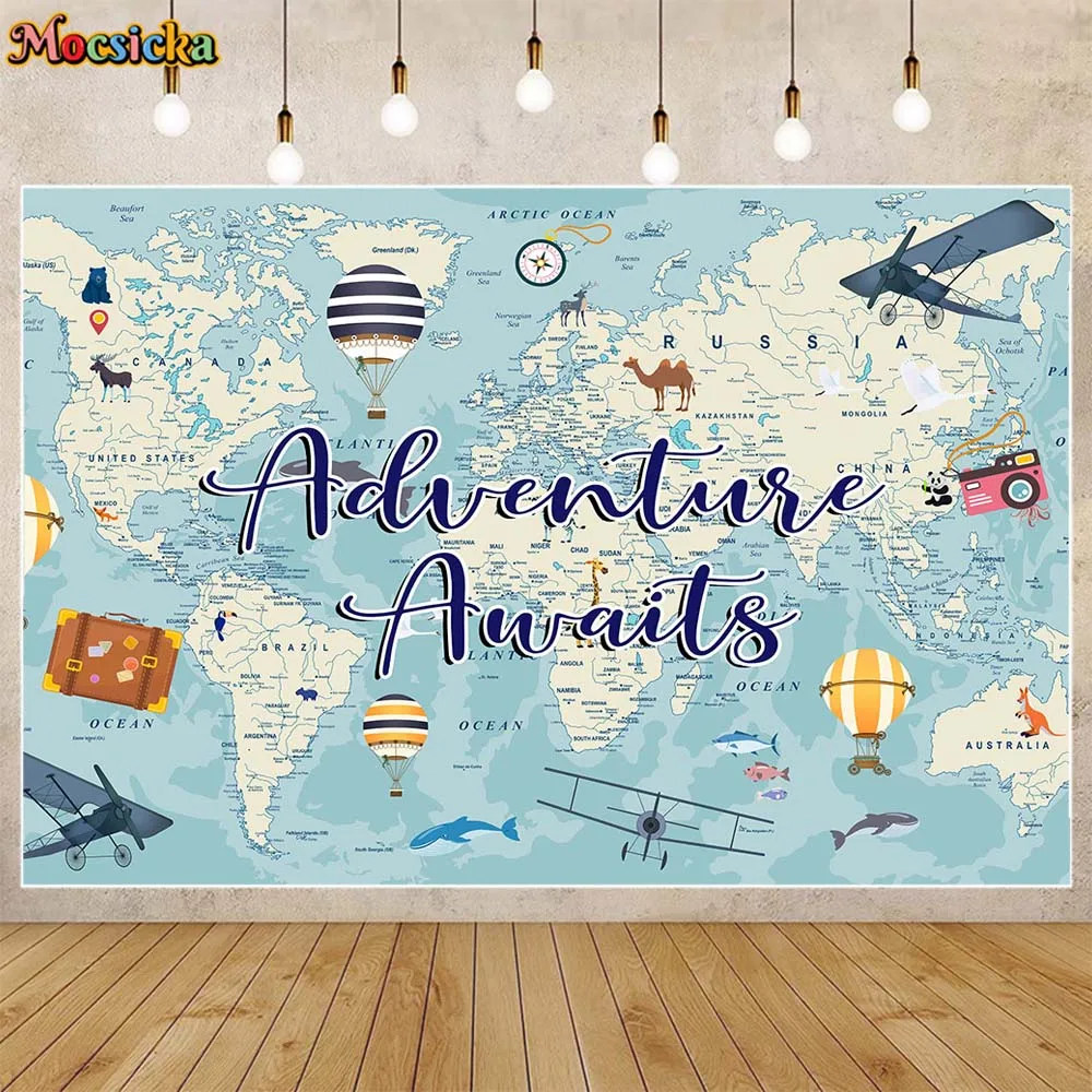 

Mocsicka Adventure Awaits Photo Backdrop Airplane Hot Air Balloon World Travel Baby Shower Background Kids Birthday Decor Banner