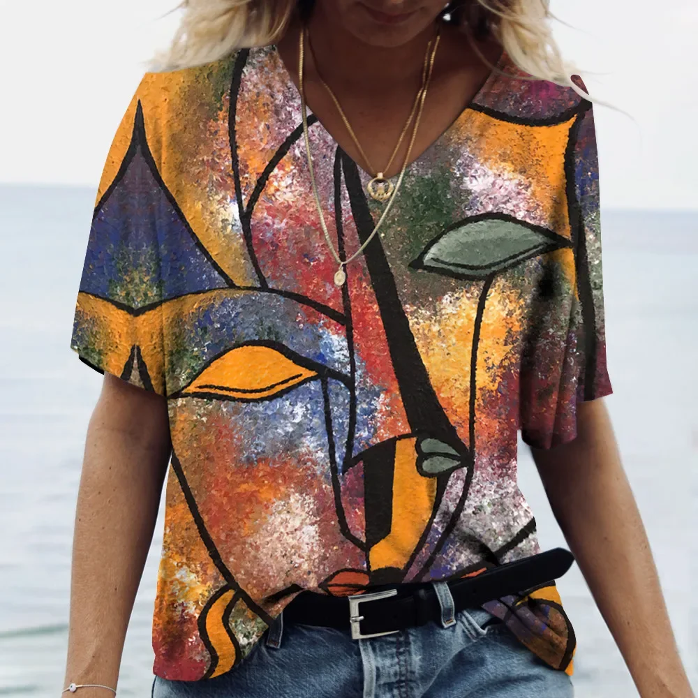 2024 Summer Facial Art Iridescent 3d Abstract Painting Women's V-neck T-shirt Loose Casual Street Multi-color Top For Girls