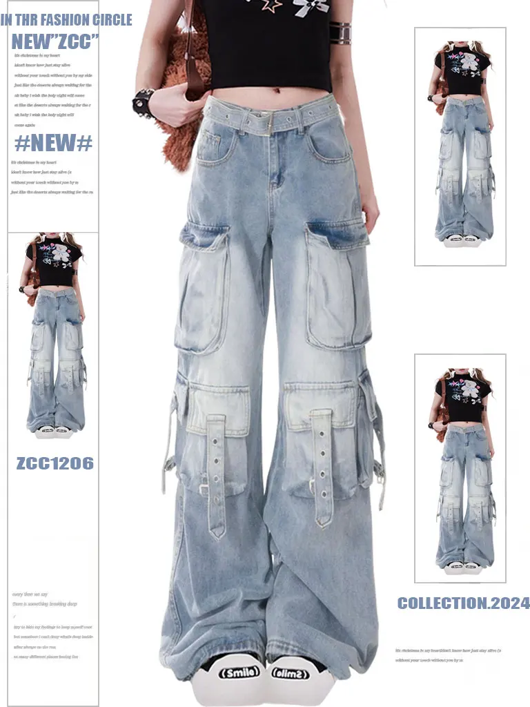 

Retro American Vibe High Waist Wide Leg Loose Fit Workwear Denim Jeans Women's High Street Trendy Brand Multi Pocket Pants