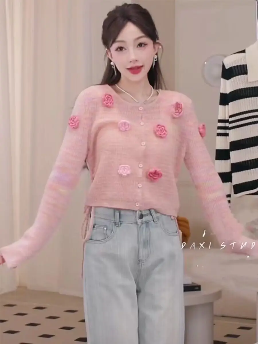 Spring New Women\'s Pink Flower Cardigan With Drawstring Design Round Neck Knitted Top