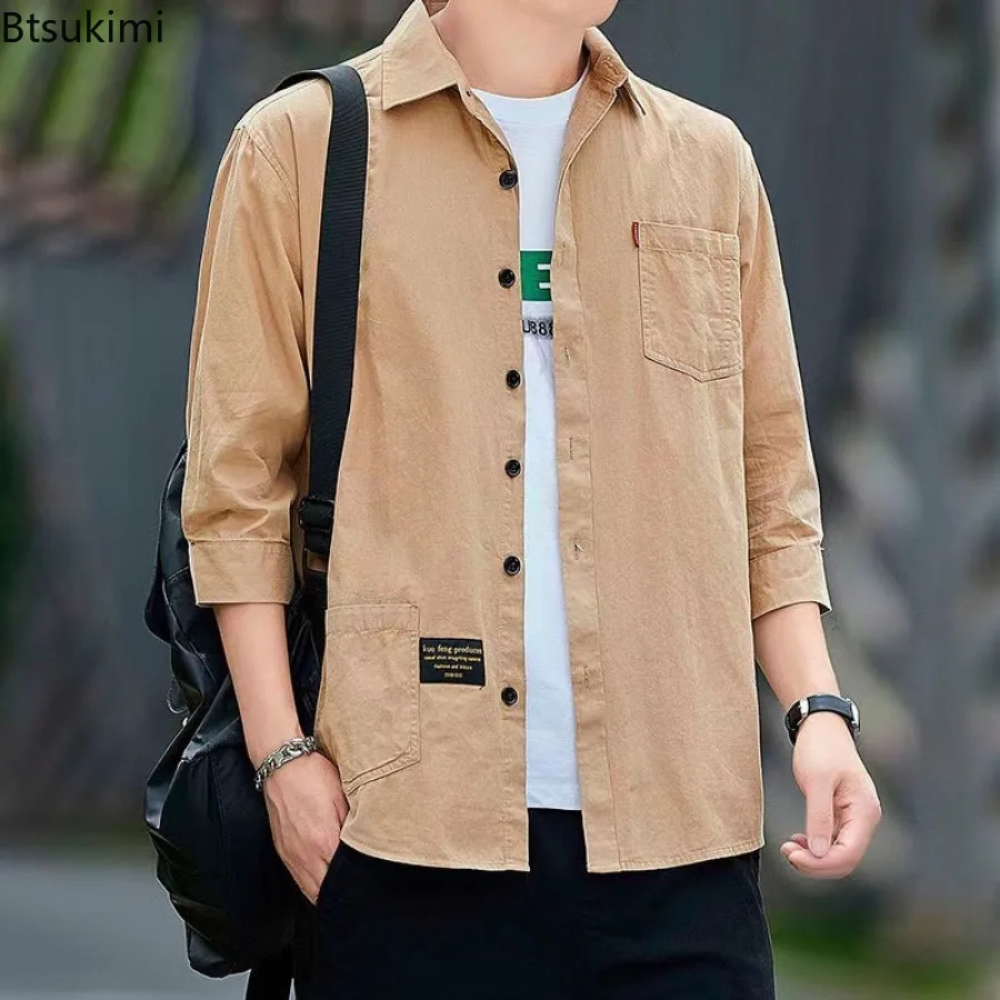 100% Cotton Shirts for Men 2025 Fashion Seven-half Sleeve Men Loose Casual Shirt Coats Breathable Work Shirt Streetwear Man Tops