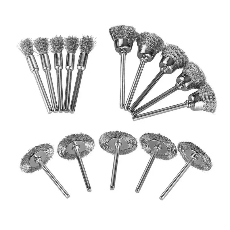 15pcs Polishing Wire Brush Set Stainless Steel Polishing Rotary Tool Rust Removal Wheel Disc Polishing Wheel for Drill Bit Tools