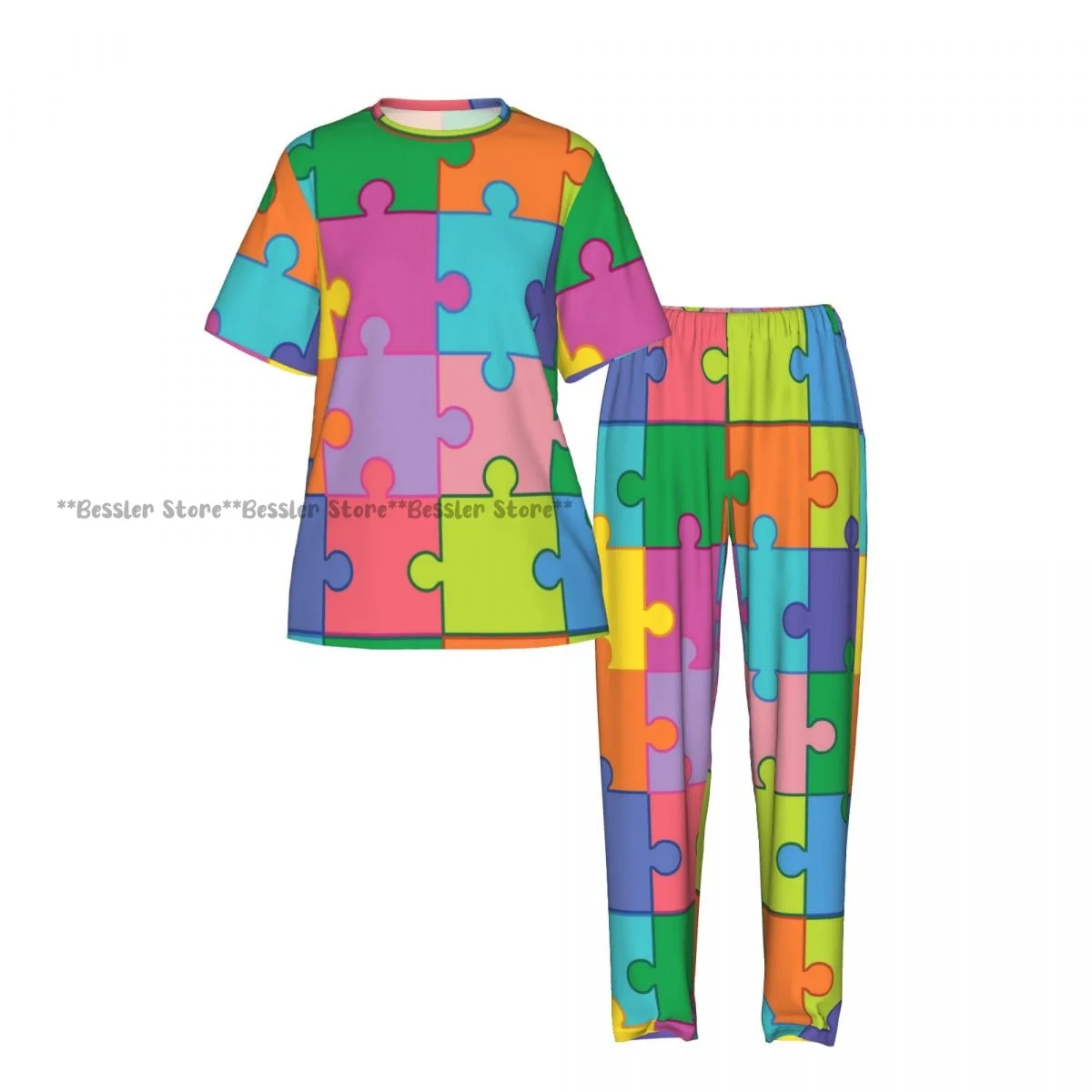 Women's Pajamas Set Colourful Jigsaw Puzzle Short Sleeve Sleepwear 2 Piece Homewear Loungewear