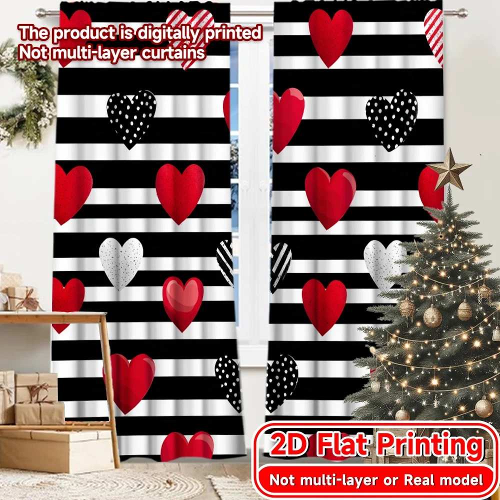 2D Flat Printing,2pcs Heart Stripes Popular Curtain Cloth Versatile Polyester Curtains Room Decor for Living Room, Office,