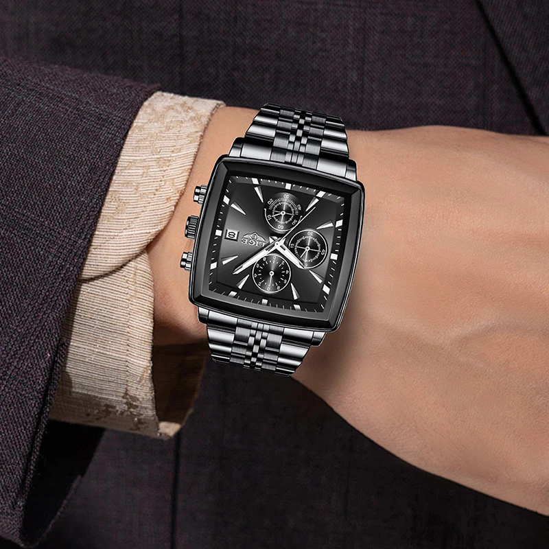 LIGE Orologi sportivi da uomo Fashion Business Orologio da polso luminoso quadrato da uomo Cronografo al quarzo con data impermeabile Relogio Masculino