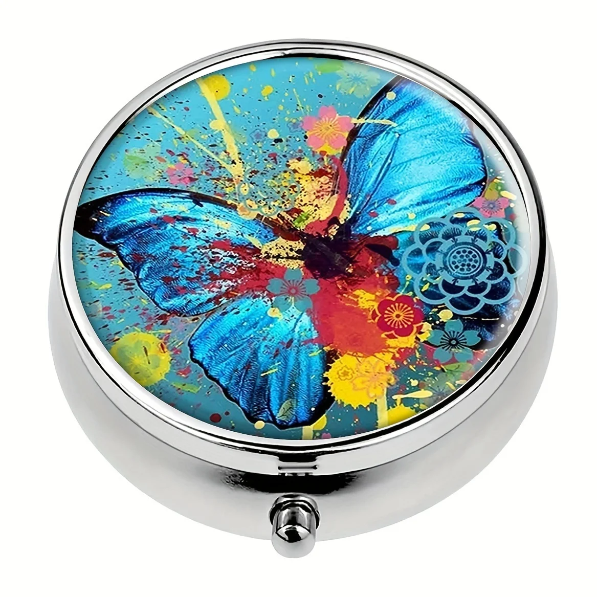 Blue Colorful Butterfly Round Pill Box,Household Portable Medicine Storage Box,3-grid Sub-packaging Medicine Box,Outdoor Travel