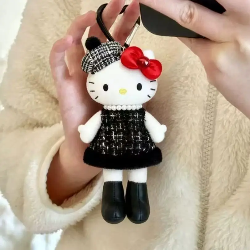 Hello Kitty Dark Skin Long Legs White Cloak Checkered Pattern Dress Plush Toy Heart Shaped Keychain Bag Pendant Birthday Gift